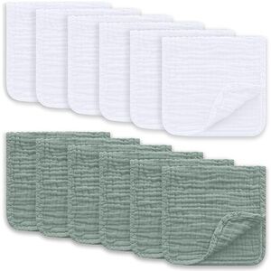 Set of 10 White and Green Muslin Washcloths